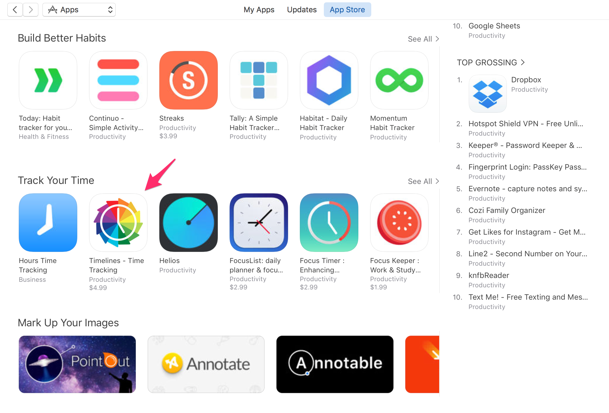 Timelines featured on the App Store Productivity category Track your time section