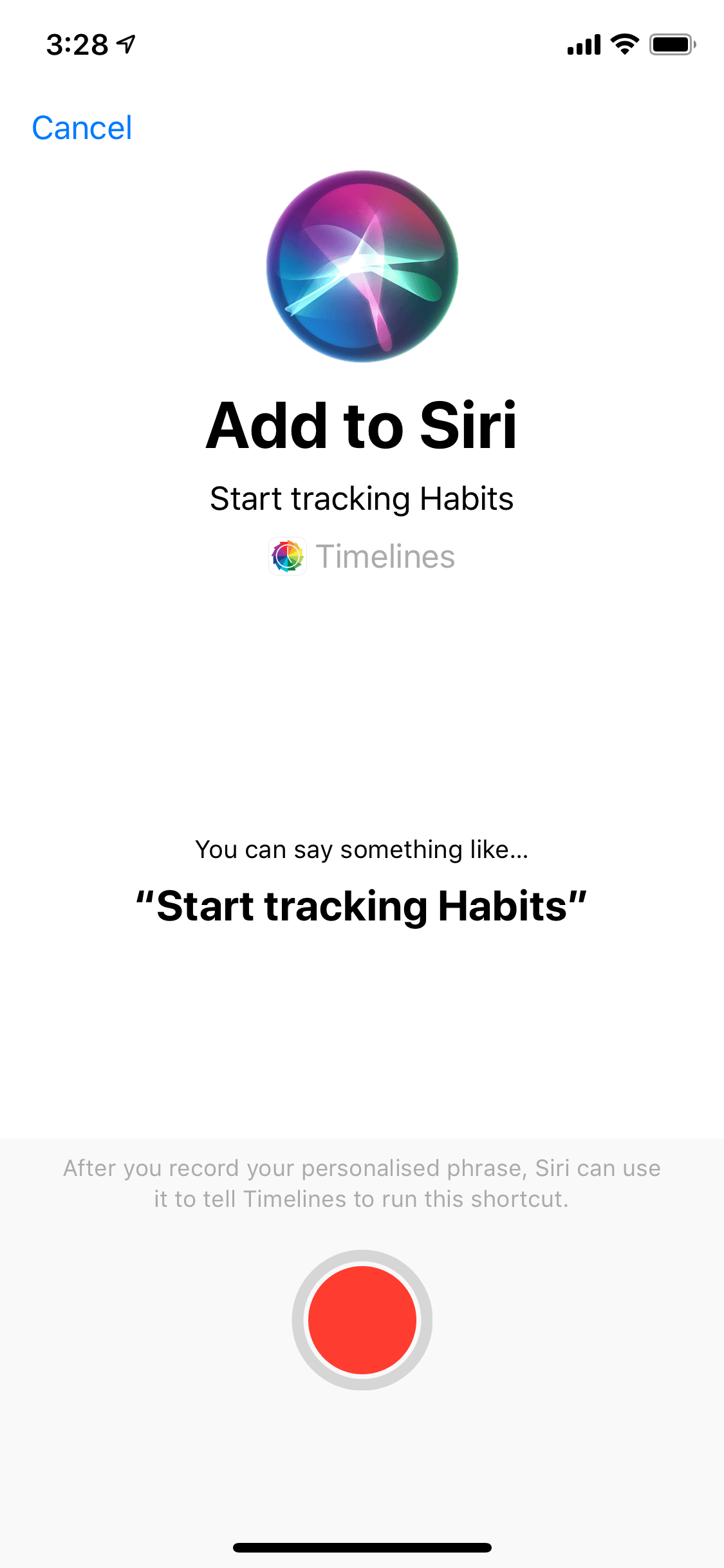 Timelines app Siri Shortcuts adding to Siri