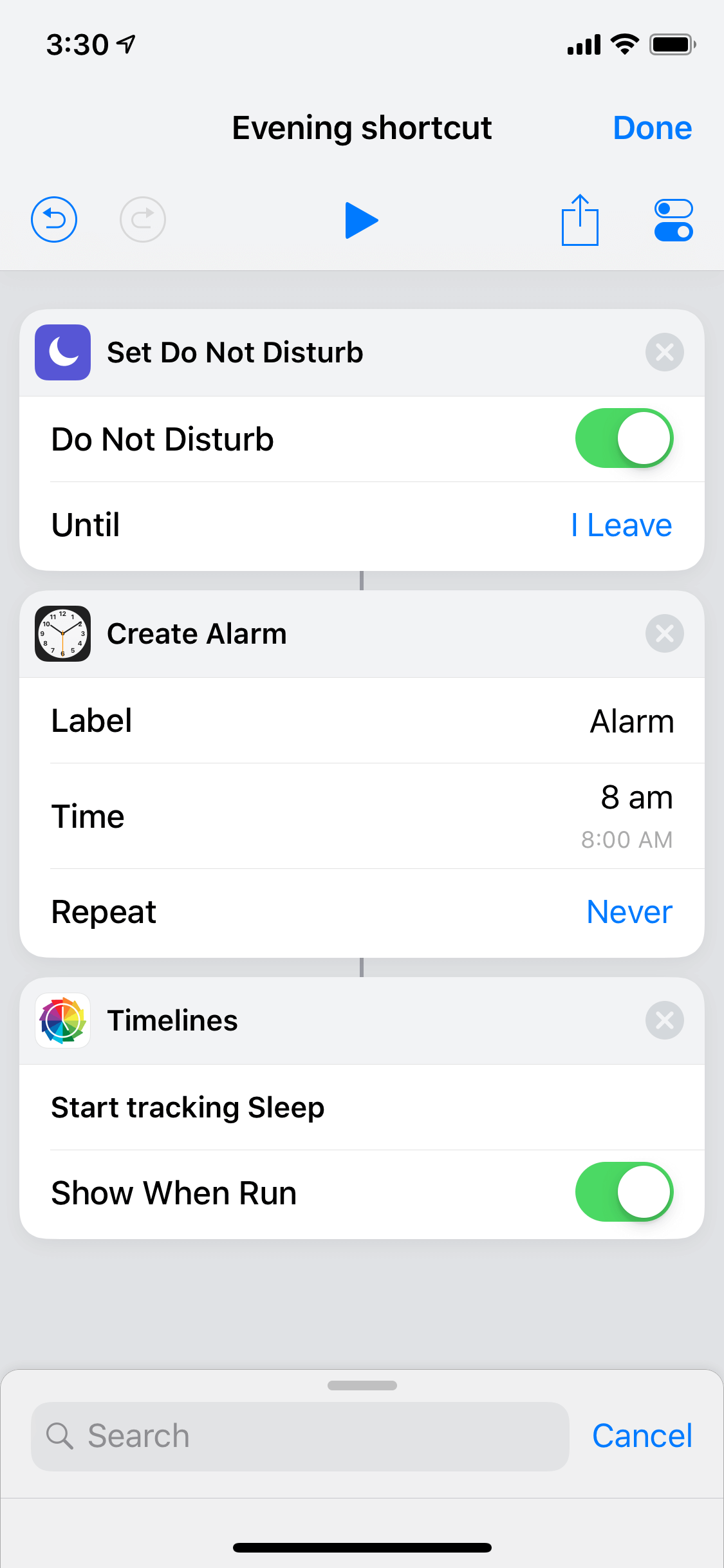 Timelines App Example evening Siri Shortcut