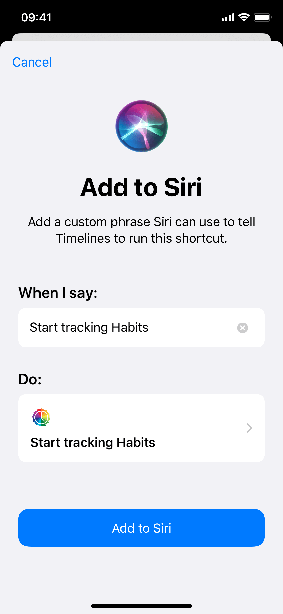 Timelines Adding Shortcut to Siri