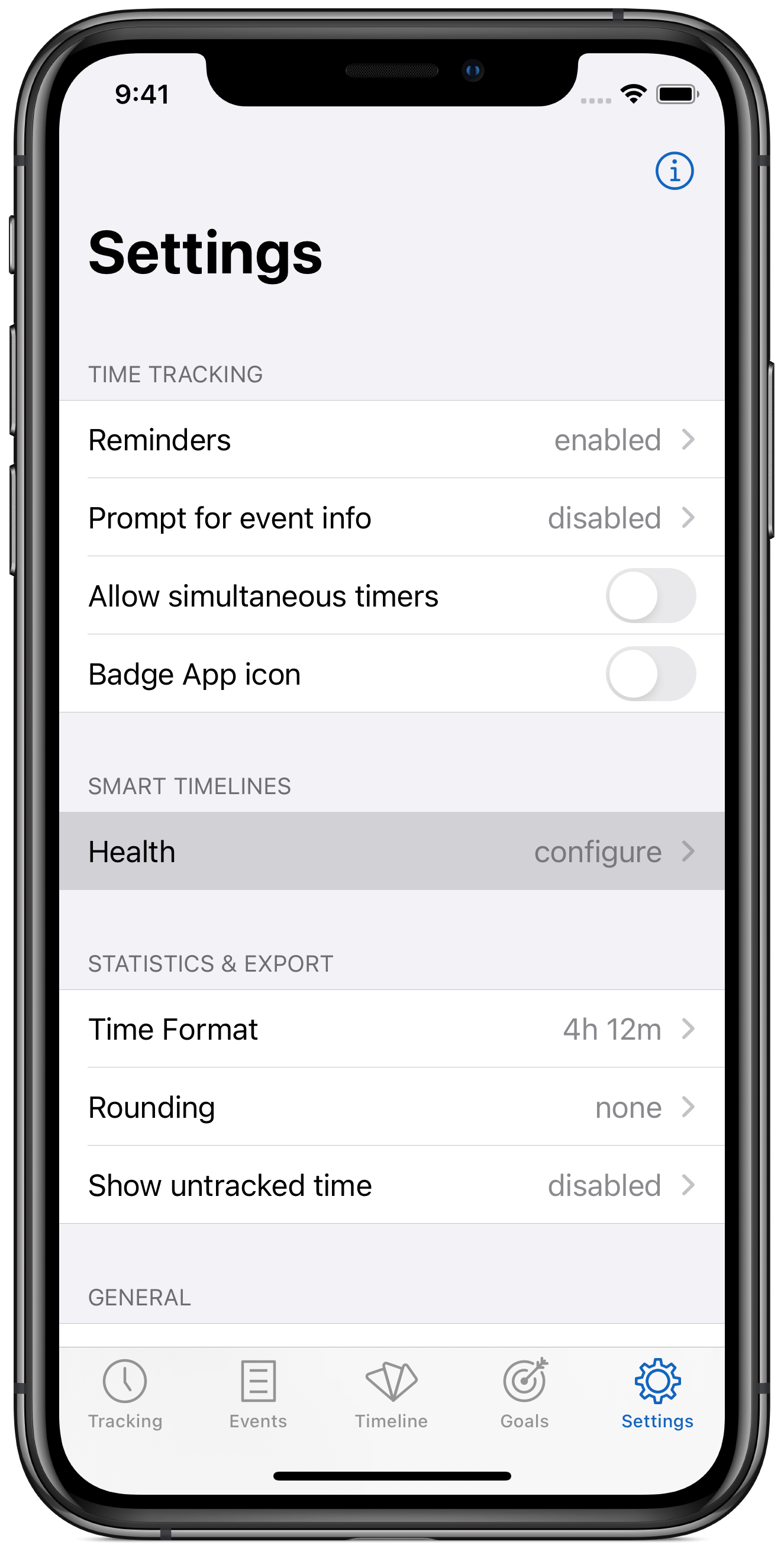 Timelines Settings Health