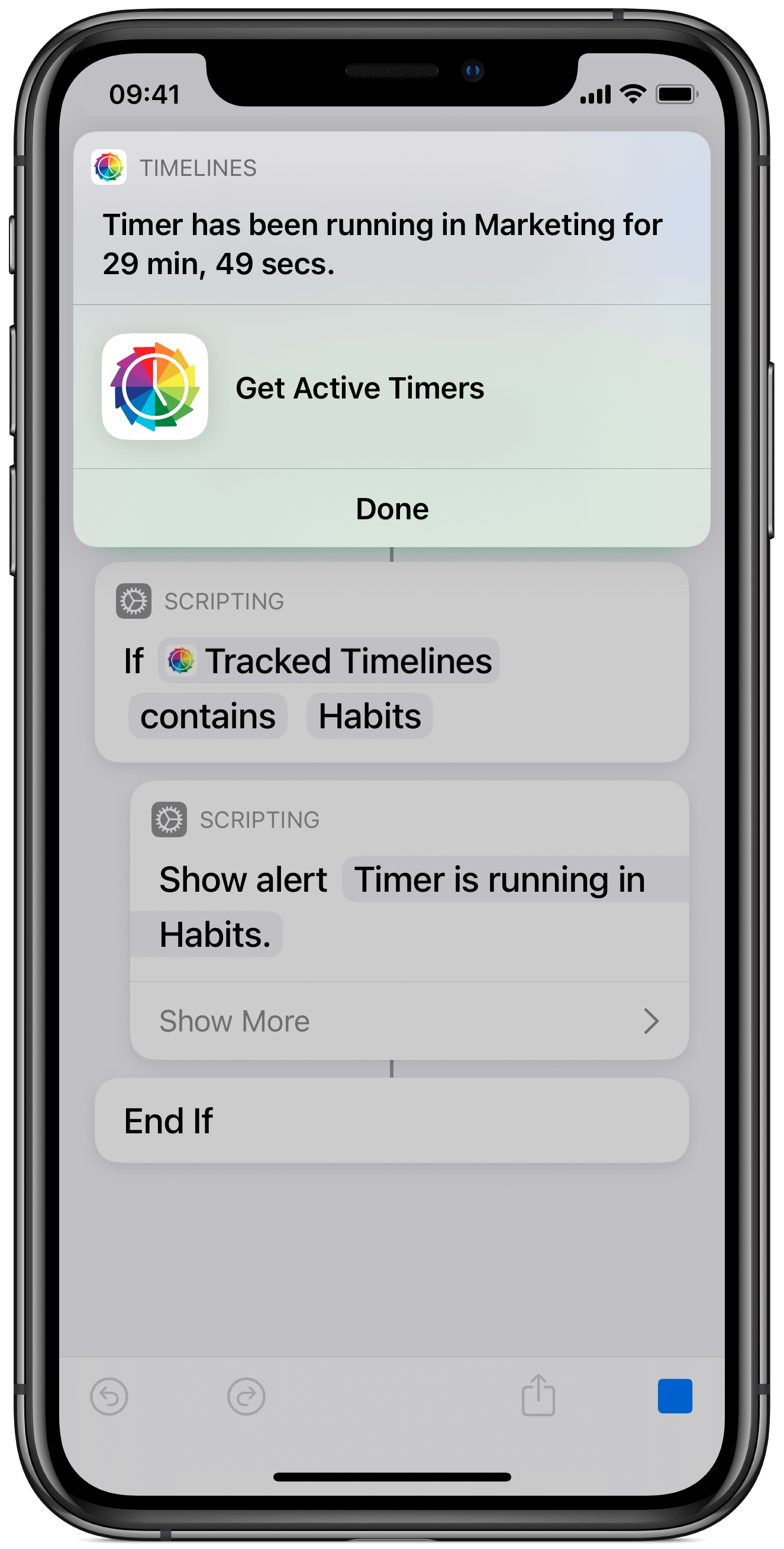 Timelines active timers shortcut run