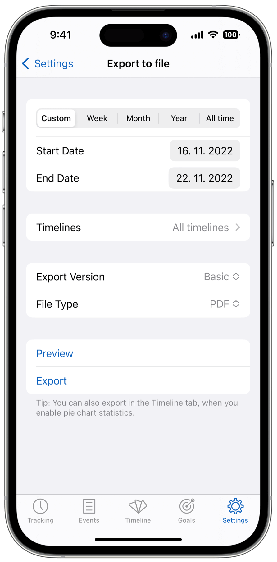 Timelines Settings Export screen