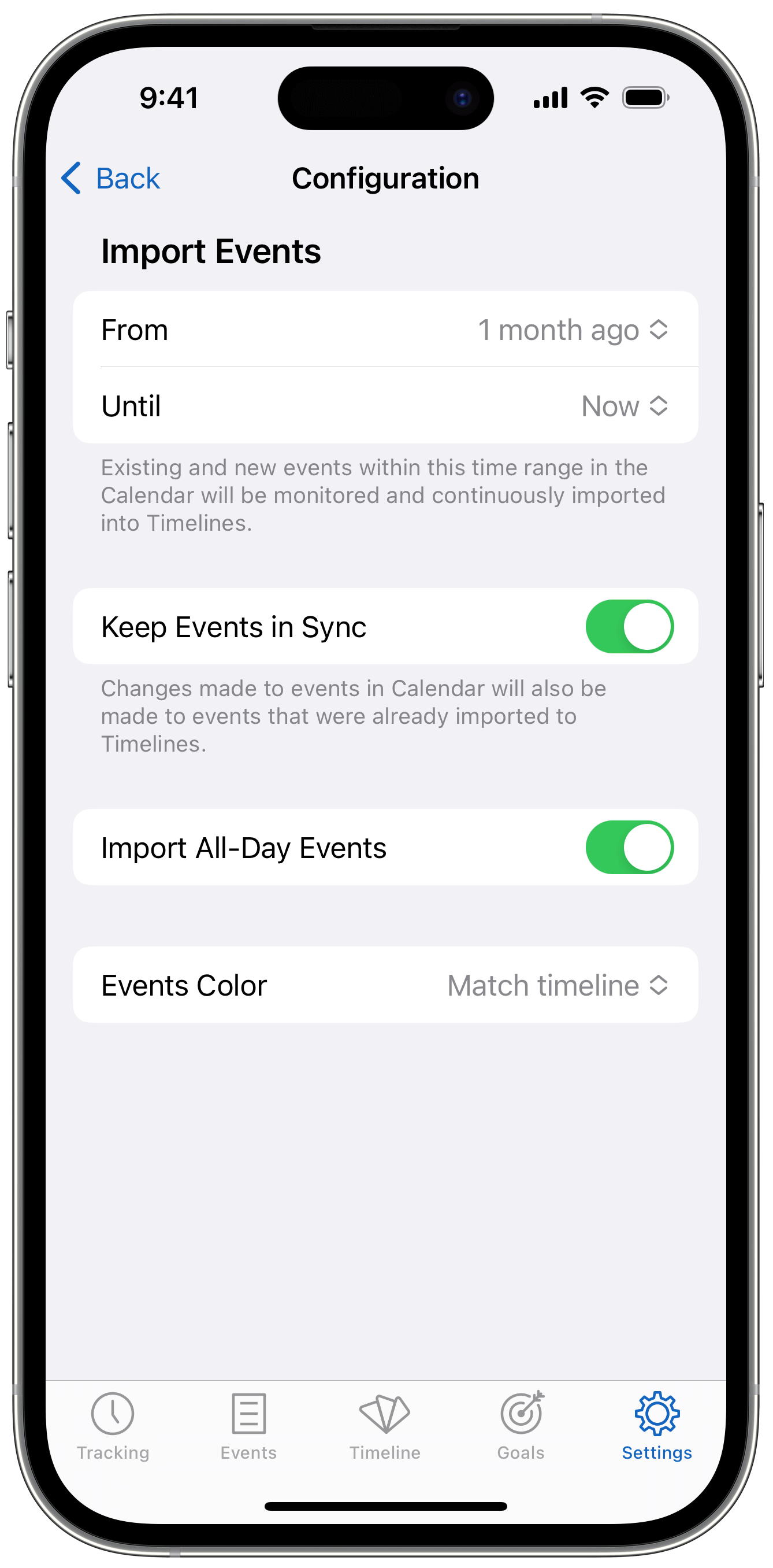 Timelines Calendar import configuration