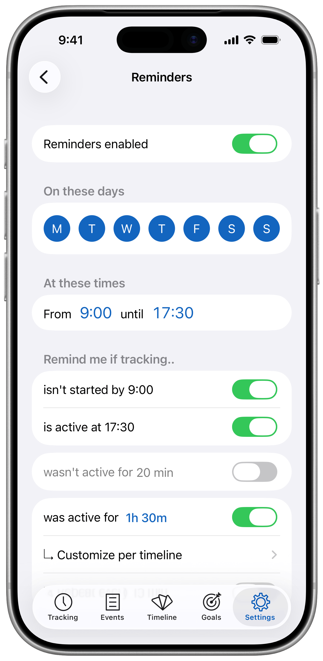 Timelines Time Tracking - Reminders